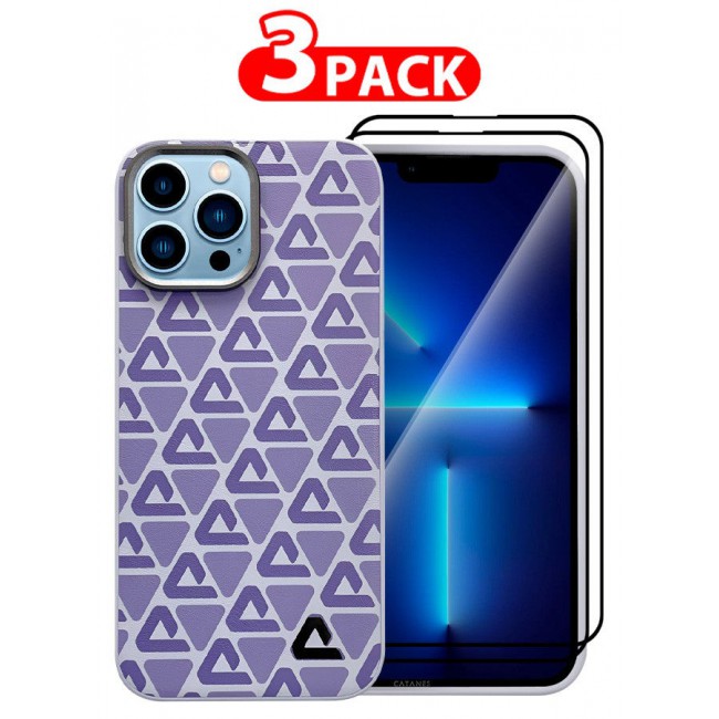 CATANES (for iPhone 13 Pro Max) 3 Pack Case and 2 Screen Protectors Leather Back Cover Triangle Pattern Shockproof Protective Phone Case Purple