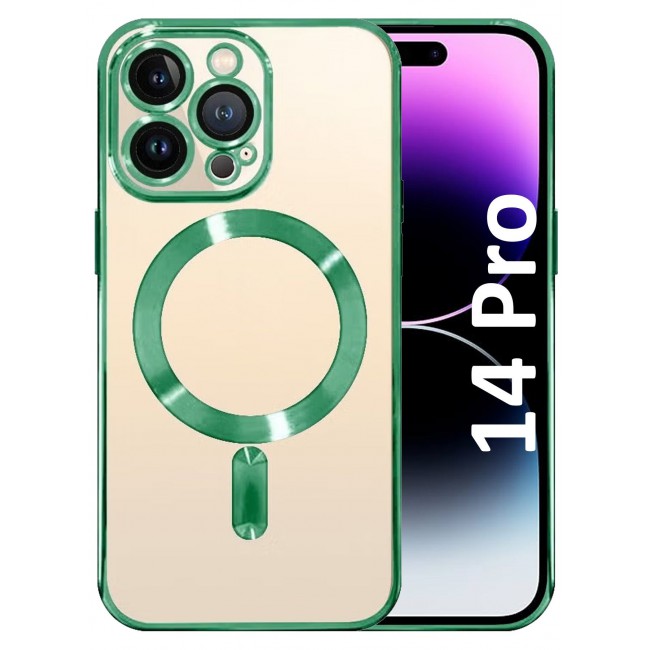 CATANES 2Pack for iPhone 14 Pro Magsafe Case and Screen Protector Clear Electroplating Frame Wireless Charging Cover with Tempered Glass Olive Green/Clear