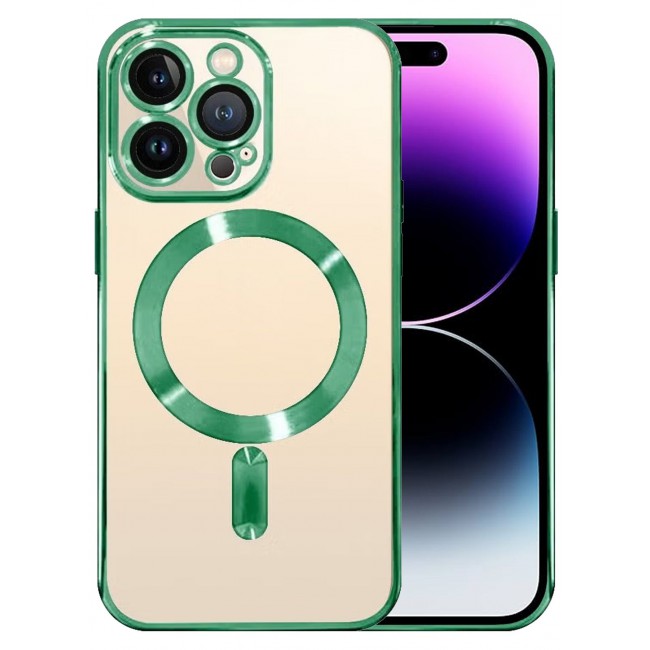 CATANES 2Pack for iPhone 14 Pro Magsafe Case and Screen Protector Clear Electroplating Frame Wireless Charging Cover with Tempered Glass Olive Green/Clear