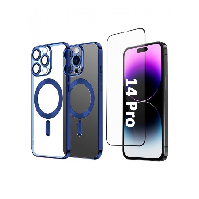 CATANES 2Pack for iPhone 14 Pro Magsafe Case and Screen Protector Clear Electroplating Frame Wireless Charging Cover with Tempered Glass Blue/Clear