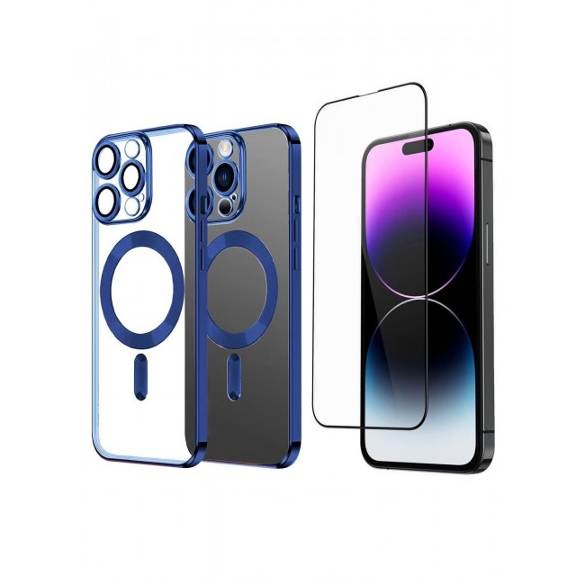 CATANES 2Pack for iPhone 14 Pro Magsafe Case and Screen Protector Clear Electroplating Frame Wireless Charging Cover with Tempered Glass Blue/Clear