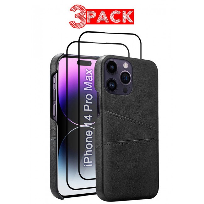 CATANES iPhone 14 Pro Max 3Packs Case Cover Leather with Card Holder for Men Women Phone Case with 3D Screen Protector - Black