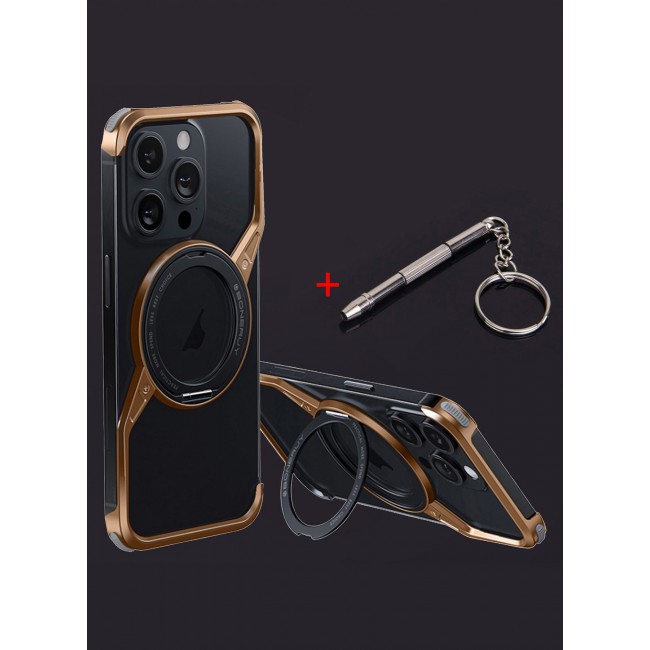 CATANES ( for iPhone 16 Pro Max ) Frameless Magsafe Hard Case Cover Cool Luxury Design Z-shaped Light Metal with 360° Rotation Magnetic O Ring Stand / Desert Titanium Color