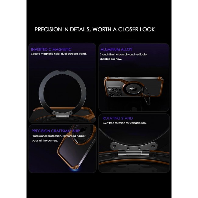 CATANES ( for iPhone 16 Pro Max ) Frameless Magsafe Hard Case Cover Cool Luxury Design Z-shaped Light Metal with 360° Rotation Magnetic O Ring Stand / Desert Titanium Color
