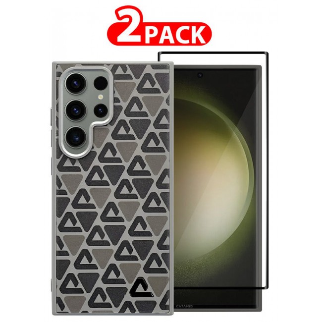 CATANES (for Samsung Galaxy S23 Ultra) 2 Pack Case and Screen Protector Leather Back Cover Triangle Pattern Shockproof Protective Phone Case Brown