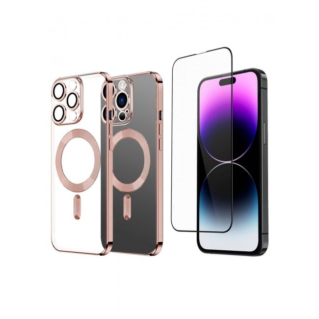CATANES 2Pack for iPhone 14 Pro Max Magsafe Case and Screen Protector Clear Electroplating Frame Wireless Charging Cover with Tempered Glass Rose Gold/Clear