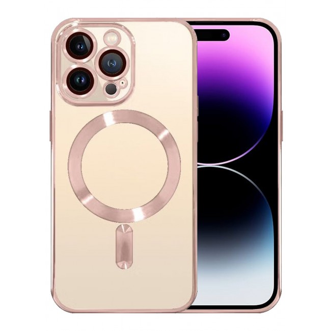 CATANES 2Pack for iPhone 14 Pro Max Magsafe Case and Screen Protector Clear Electroplating Frame Wireless Charging Cover with Tempered Glass Rose Gold/Clear