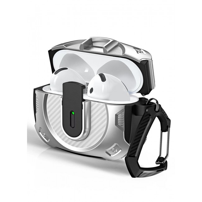 CATANES Airpods 4 Case Hard Shell Protective Armor LED Visible Wireless Charging Case Cover with Lock - Silver