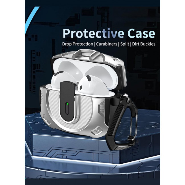CATANES Airpods 4 Case Hard Shell Protective Armor LED Visible Wireless Charging Case Cover with Lock - Silver