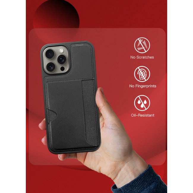 CATANES iPhone 15 Pro Max Case Leather Antifingerprint Cover with Wallet Card Slot Shell, Side Insert Card Holder, Anti Fall Protection - Black