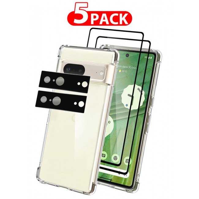 CATANES 5 Packs For Google Pixel 7 TPU Case and 2 Screen Protectors and 2 Camera Lens Protectors Clear Transparent Shockproof Protective Phone Case Scratch Resistant Reinforced Corners Cover