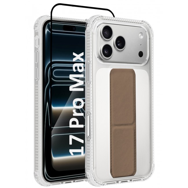 CATANES 2 Packs Finger Grip Clear Case Cover for iPhone 17 Pro Max - Kickstand Car Magnetic Holder Multi-function Protective Two-in-one Case with 3D Screen Protector - Brown