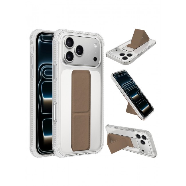 CATANES 2 Packs Finger Grip Clear Case Cover for iPhone 17 Pro Max - Kickstand Car Magnetic Holder Multi-function Protective Two-in-one Case with 3D Screen Protector - Brown