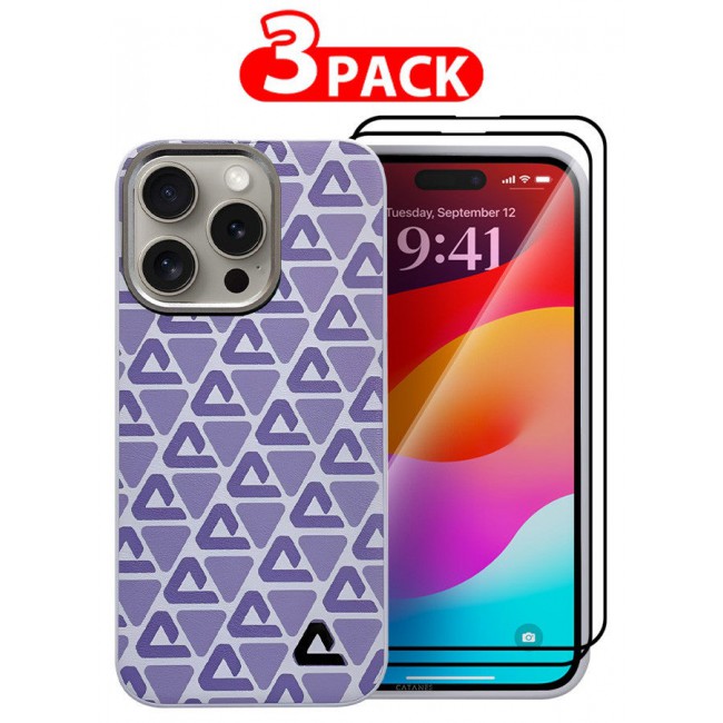 CATANES (for iPhone 15 Pro Max) 3 Pack Case and 2 Screen Protectors Leather Back Cover Triangle Pattern Shockproof Protective Phone Case Purple