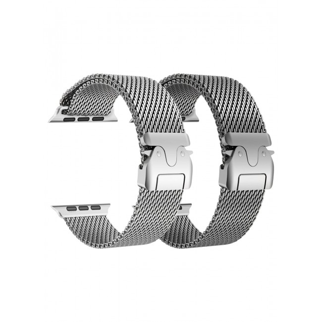 CATANES 2Packs Milanese Loop for Apple Watch Band Ultra 2 Band Ultra 49mm 46mm 45mm 44mm, Parachute-Style Buckle Stainless Steel Mesh Metal Band for iWatch Series 10-1 SE - Silver Natural Titanium