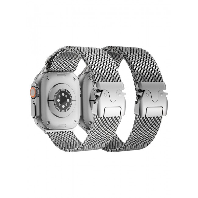 CATANES 2Packs Milanese Loop for Apple Watch Band Ultra 2 Band Ultra 49mm 46mm 45mm 44mm, Parachute-Style Buckle Stainless Steel Mesh Metal Band for iWatch Series 10-1 SE - Silver Natural Titanium