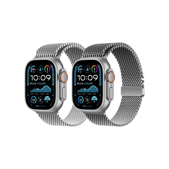 CATANES 2Packs Milanese Loop for Apple Watch Band Ultra 2 Band Ultra 49mm 46mm 45mm 44mm, Parachute-Style Buckle Stainless Steel Mesh Metal Band for iWatch Series 10-1 SE - Silver Natural Titanium