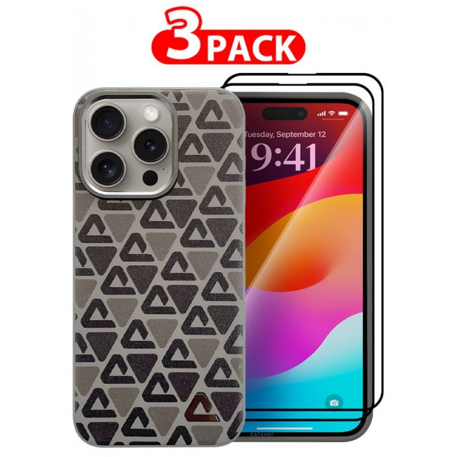 CATANES (for iPhone 15 Pro) 3 Pack Case and 2 Screen Protectors Leather Back Cover Triangle Pattern Shockproof Protective Phone Case Brown