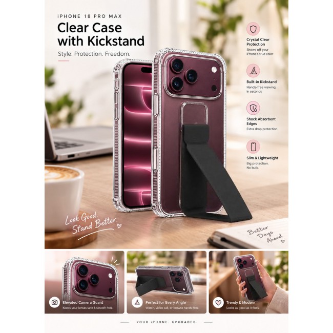 CATANES For iPhone 18 Pro Max Case Clear with Foldable Stand, Shockproof Protective Cover with Reinforced Corners, Transparent Bumper - Black