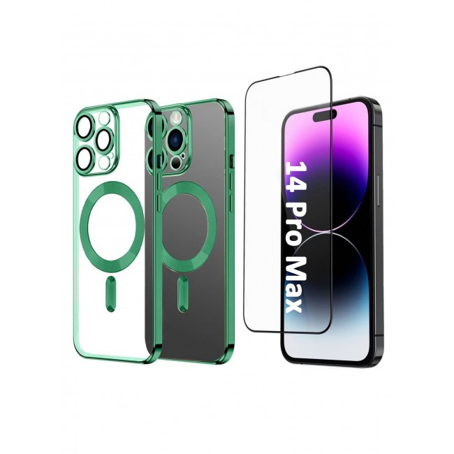 CATANES 2Pack for iPhone 14 Pro Max Magsafe Case and Screen Protector Clear Electroplating Frame Wireless Charging Cover with Tempered Glass Olive Green/Clear
