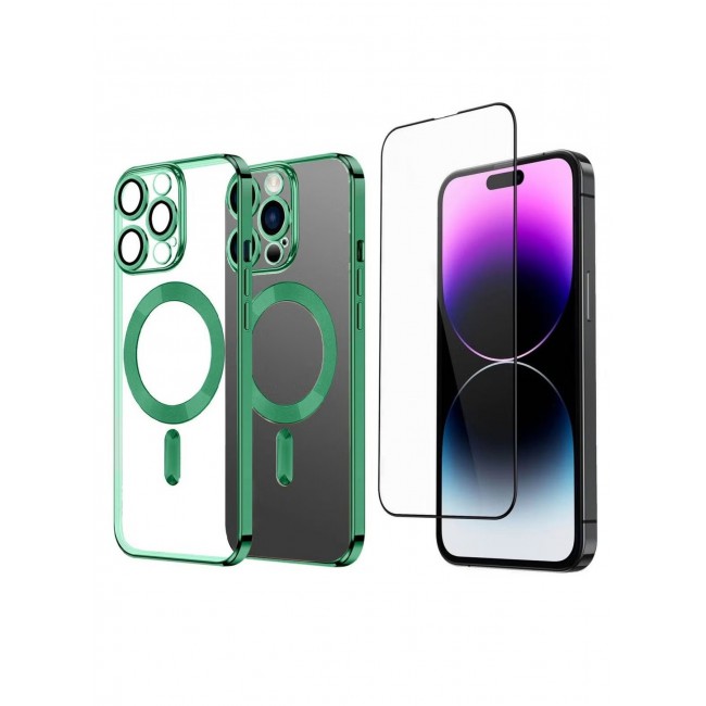 CATANES 2Pack for iPhone 14 Pro Max Magsafe Case and Screen Protector Clear Electroplating Frame Wireless Charging Cover with Tempered Glass Olive Green/Clear