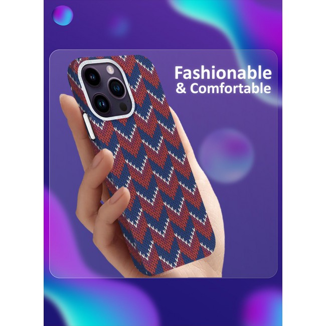 CATANES Ultra-Slim Woven Pattern Case Cover for iPhone 14 Pro Max Lightweight Protective Back Case - Red Blue