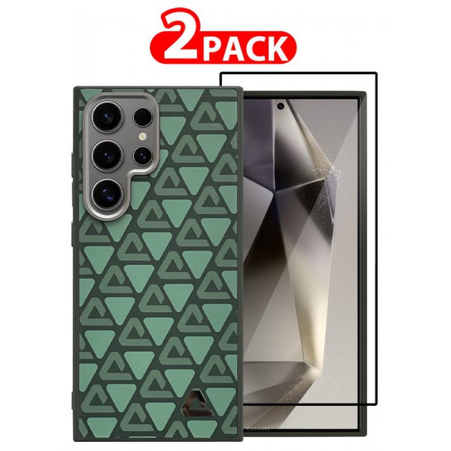 CATANES (for Samsung Galaxy S24 Ultra) 2 Pack Case and Screen Protector Leather Back Cover Triangle Pattern Shockproof Protective Phone Case Green