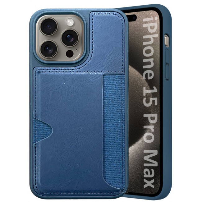 CATANES iPhone 15 Pro Max Case Leather Antifingerprint Cover with Wallet Card Slot Shell, Side Insert Card Holder, Anti Fall Protection - Blue