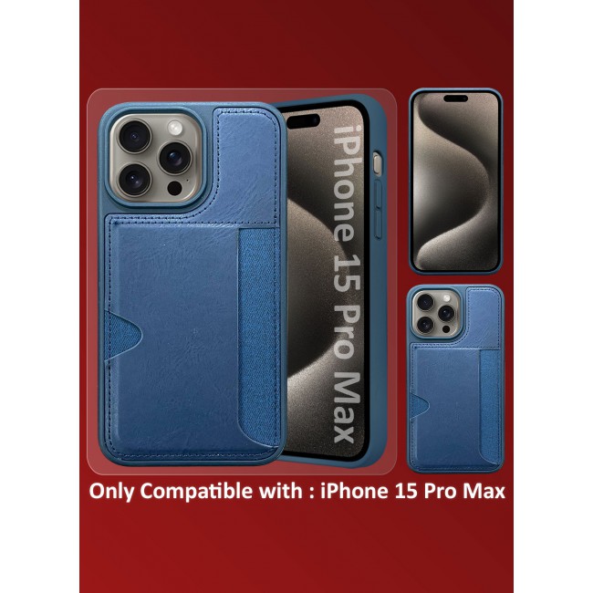 CATANES iPhone 15 Pro Max Case Leather Antifingerprint Cover with Wallet Card Slot Shell, Side Insert Card Holder, Anti Fall Protection - Blue