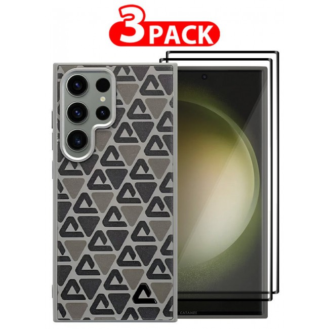 CATANES (for Samsung Galaxy S23 Ultra) 3 Pack Case and 2 Screen Protectors Leather Back Cover Triangle Pattern Shockproof Protective Phone Case Brown