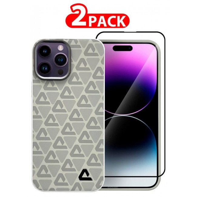 CATANES (for iPhone 14 Pro Max) 2 Pack Case and Screen Protector Leather Back Cover Triangle Pattern Shockproof Protective Phone Case Light Beige