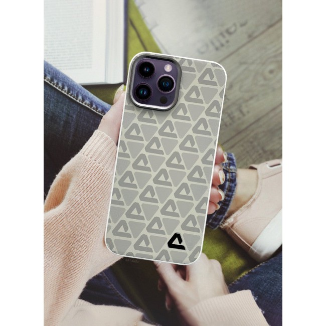 CATANES (for iPhone 14 Pro Max) 2 Pack Case and Screen Protector Leather Back Cover Triangle Pattern Shockproof Protective Phone Case Light Beige