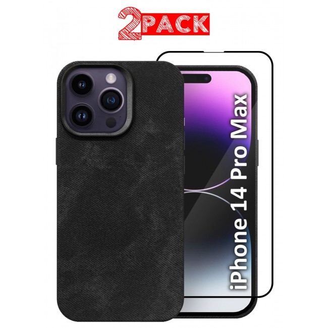 CATANES 2Packs iPhone 14 Pro Max Alcantara Case Cover Premium Quality Luxurious Soft Touch Protection with Metal Camera Frame with a 3D Screen Protector - Black