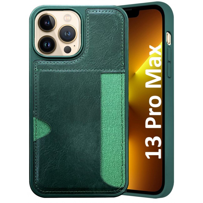 CATANES iPhone 13 Pro Max Case Leather Antifingerprint Cover with Wallet Card Slot Shell, Side Insert Card Holder, Anti Fall Protection - Green