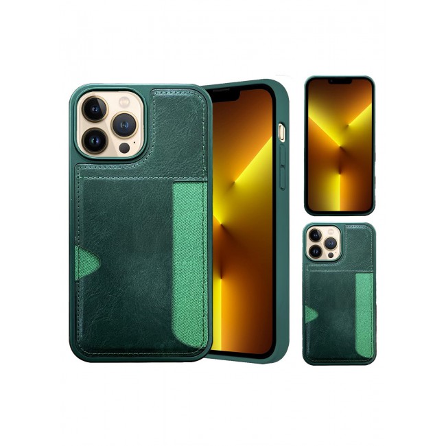 CATANES iPhone 13 Pro Max Case Leather Antifingerprint Cover with Wallet Card Slot Shell, Side Insert Card Holder, Anti Fall Protection - Green
