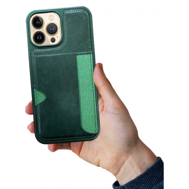 CATANES iPhone 13 Pro Max Case Leather Antifingerprint Cover with Wallet Card Slot Shell, Side Insert Card Holder, Anti Fall Protection - Green