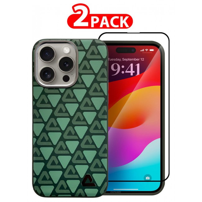 CATANES (for iPhone 15 Pro Max) 2 Pack Case and Screen Protector Leather Back Cover Triangle Pattern Shockproof Protective Phone Case Green