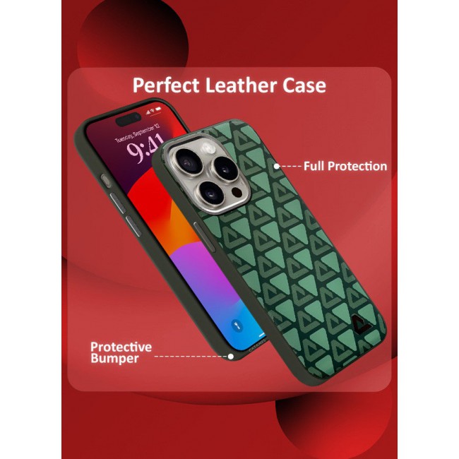 CATANES (for iPhone 15 Pro Max) 2 Pack Case and Screen Protector Leather Back Cover Triangle Pattern Shockproof Protective Phone Case Green