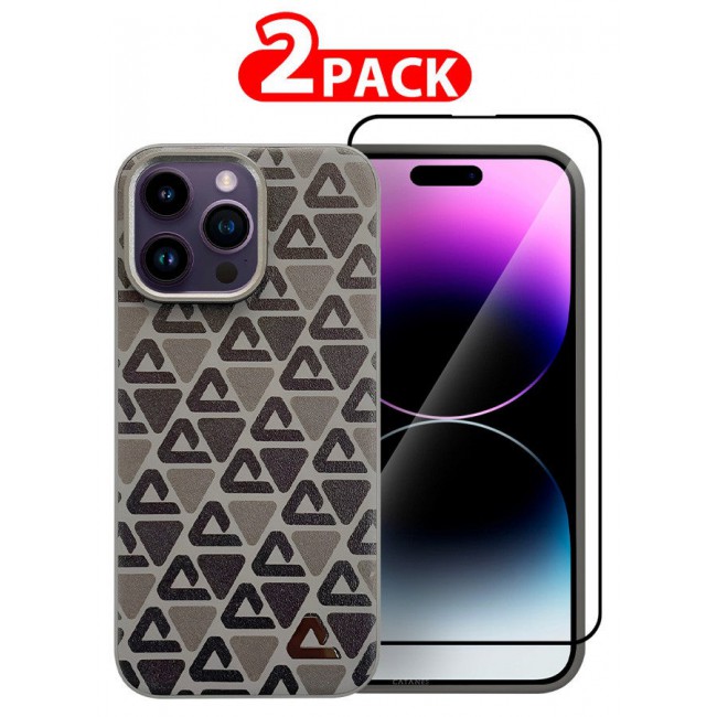 CATANES (for iPhone 14 Pro Max) 2 Pack Case and Screen Protector Leather Back Cover Triangle Pattern Shockproof Protective Phone Case Brown