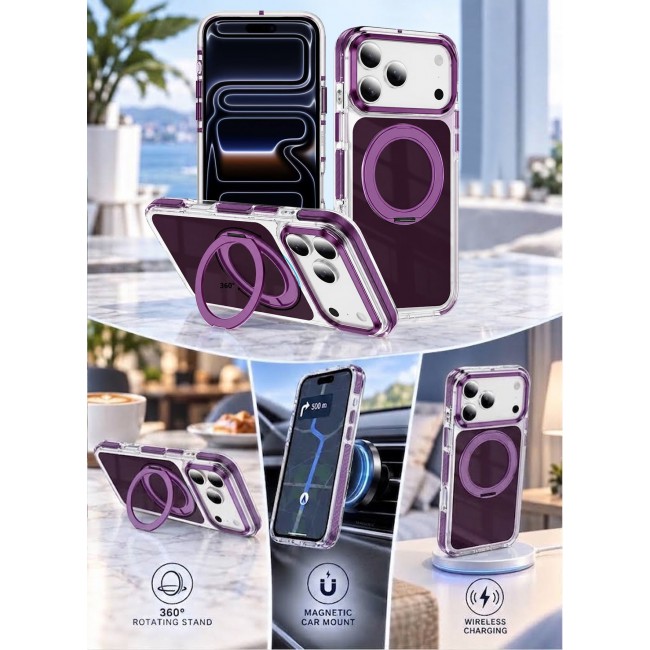 CATANES Magnetic Case For iPhone 17 Pro Max Clear TPU Cover with 360-Degree Rotating Ring Kickstand - Burgundy