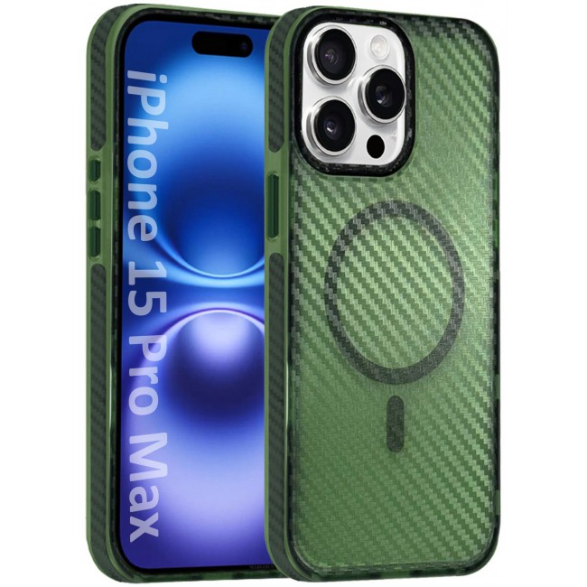 CATANES (for iPhone 15 Pro Max) Magsafe Case Cover Carbon Fiber Magnetic Strong Shockproof Protective Slim Thin Cover Transparent Matte - Green Color