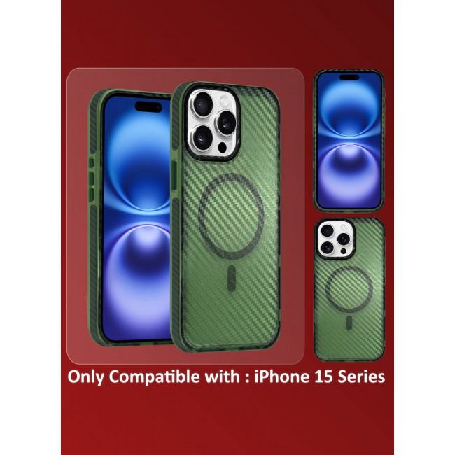 CATANES (for iPhone 15 Pro Max) Magsafe Case Cover Carbon Fiber Magnetic Strong Shockproof Protective Slim Thin Cover Transparent Matte - Green Color