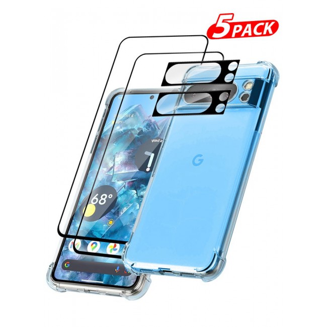 CATANES 5 Packs For Google Pixel 8 Pro TPU Case and 2 Screen Protectors and 2 Camera Lens Protectors Clear Transparent Shockproof Case Scratch Resistant Reinforced Corners Cover