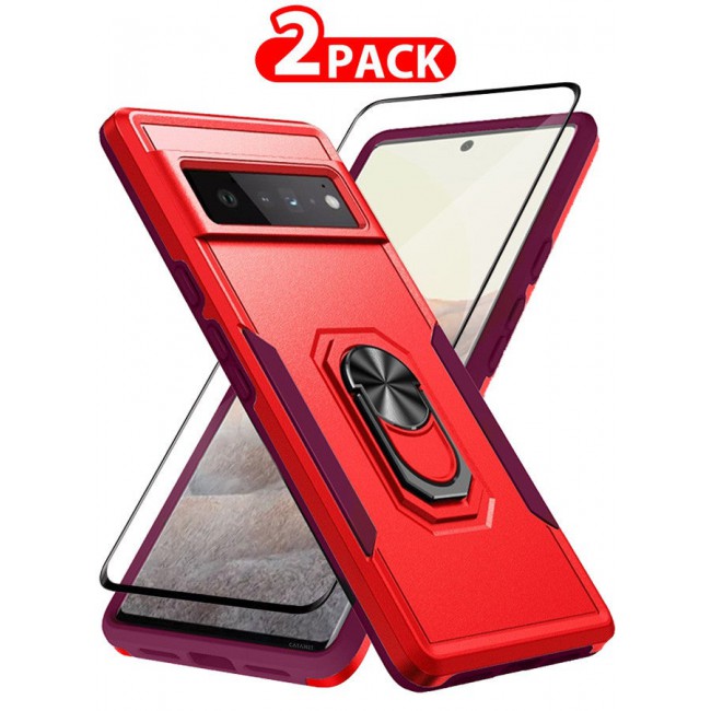 CATANES (Google Pixel 6 Pro) 2 Pack Hybrid Case and Screen Protector with Magnetic Metal Ring Holder Kickstand Rugged Drop Protection Cover Red