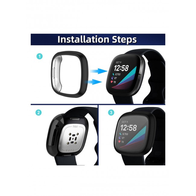 CATANES Fitbit Versa 3 Case / Fitbit Sense Case Soft TPU Bumper Screen Protector Shockproof Full Coverage All-Around Protective Cover Black