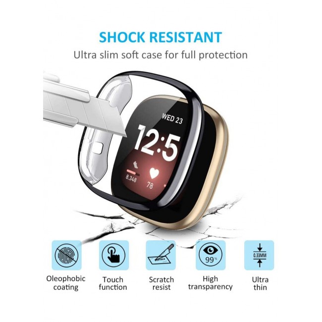 CATANES Fitbit Versa 3 Case / Fitbit Sense Case Soft TPU Bumper Screen Protector Shockproof Full Coverage All-Around Protective Cover Black