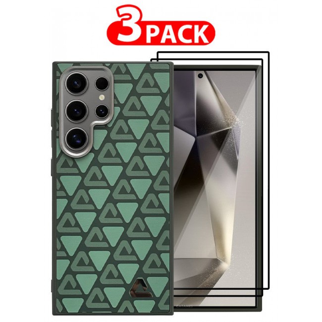 CATANES (for Samsung Galaxy S24 Ultra) 3 Pack Case and 2 Screen Protectors Leather Back Cover Triangle Pattern Shockproof Protective Phone Case Green