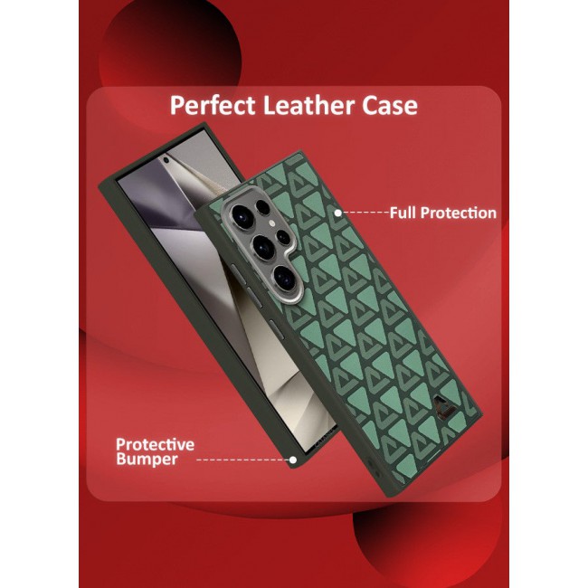 CATANES (for Samsung Galaxy S24 Ultra) 3 Pack Case and 2 Screen Protectors Leather Back Cover Triangle Pattern Shockproof Protective Phone Case Green