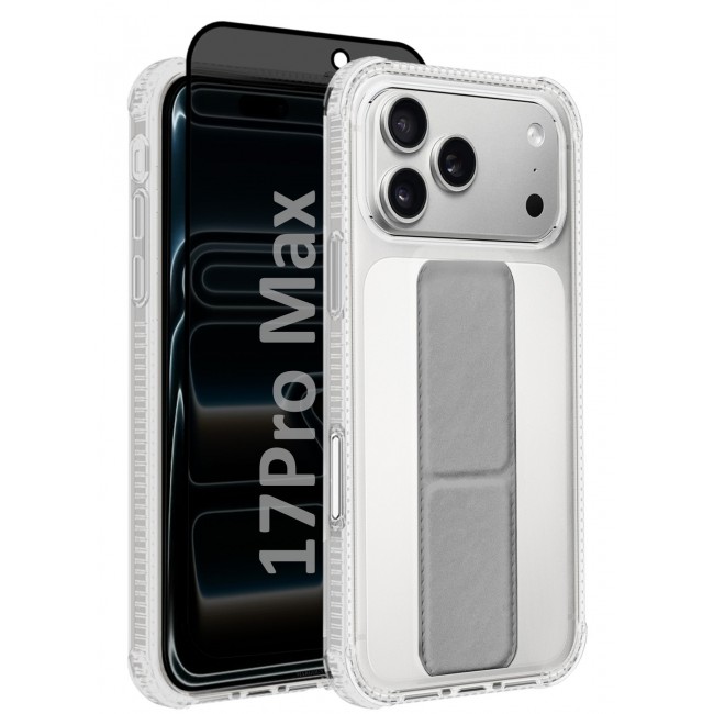 CATANES 2 Packs Finger Grip Clear Case Cover for iPhone 17 Pro Max - Kickstand Car Magnetic Holder Multi-function Protective Two-in-one Case with Privacy Screen Protector - Grey