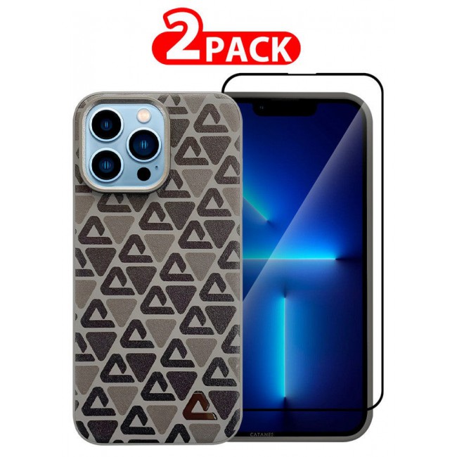 CATANES (for iPhone 13 Pro Max) 2 Pack Case and Screen Protector Leather Back Cover Triangle Pattern Shockproof Protective Phone Case Brown